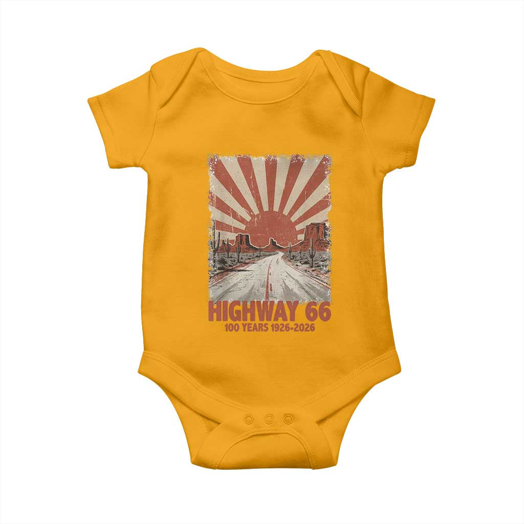 Highway 66 Main Street of America Sunset Horizon Baby Onesie Centennial 1926-2026 Retro Desert Sunburst Graphic
