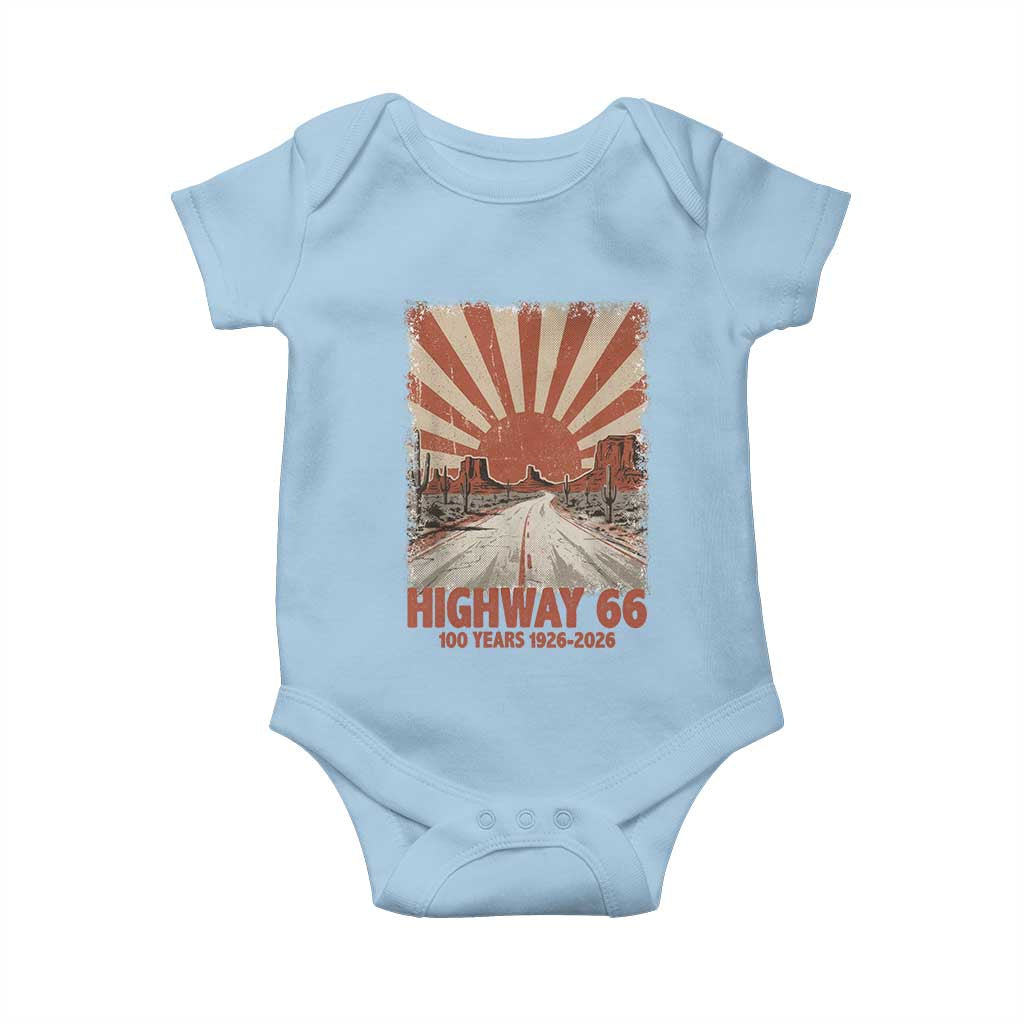 Highway 66 Main Street of America Sunset Horizon Baby Onesie Centennial 1926-2026 Retro Desert Sunburst Graphic
