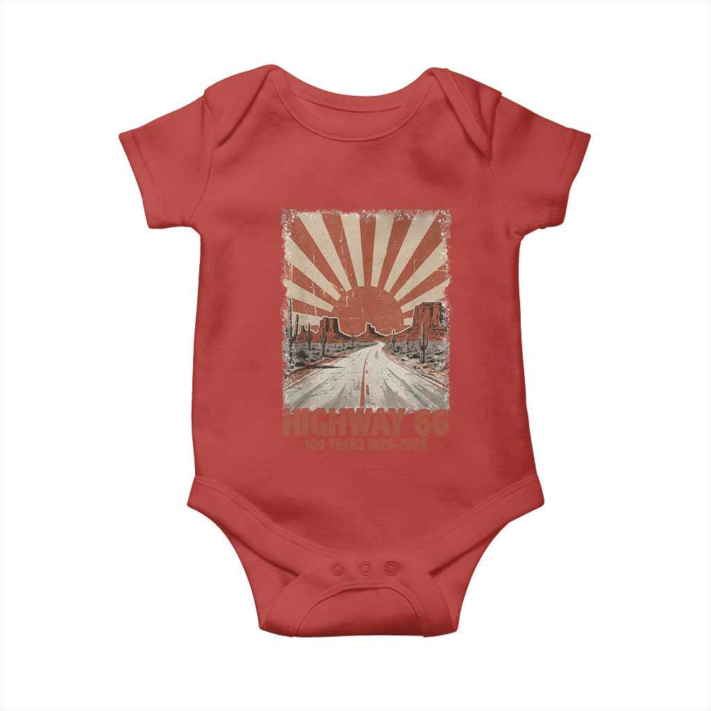 Highway 66 Main Street of America Sunset Horizon Baby Onesie Centennial 1926-2026 Retro Desert Sunburst Graphic