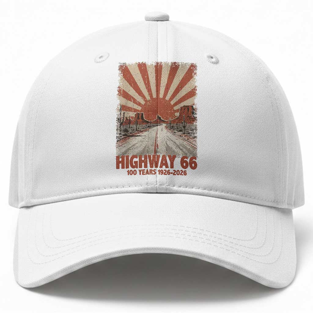 Highway 66 Main Street of America Sunset Horizon Baseball Cap Centennial 1926-2026 Retro Desert Sunburst Graphic