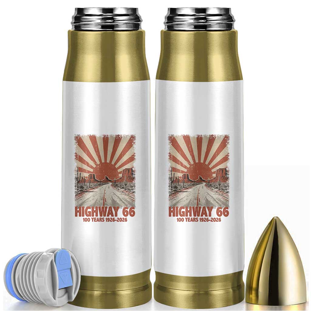 Highway 66 Main Street of America Sunset Horizon Bullet Tumbler Centennial 1926-2026 Retro Desert Sunburst Graphic