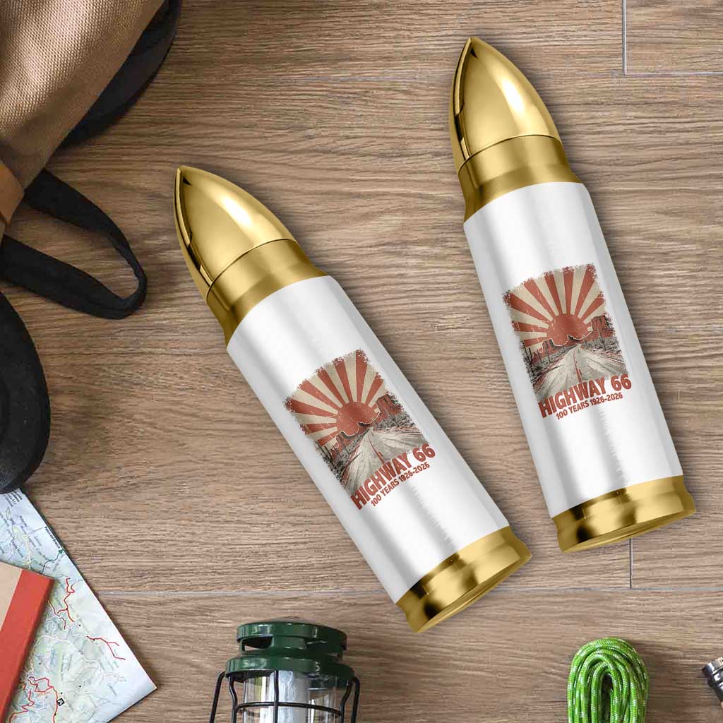 Highway 66 Main Street of America Sunset Horizon Bullet Tumbler Centennial 1926-2026 Retro Desert Sunburst Graphic