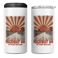 Highway 66 Main Street of America Sunset Horizon 4 in 1 Can Cooler Tumbler Centennial 1926-2026 Retro Desert Sunburst Graphic