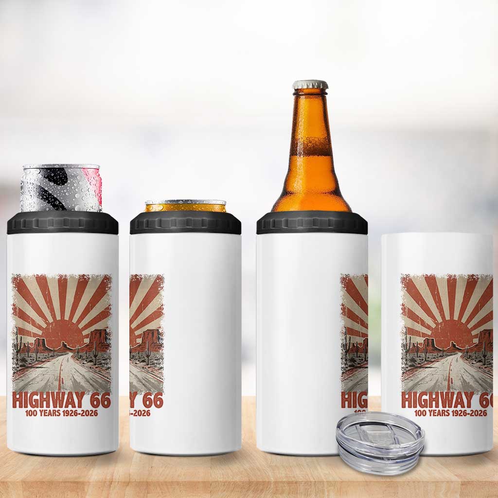 Highway 66 Main Street of America Sunset Horizon 4 in 1 Can Cooler Tumbler Centennial 1926-2026 Retro Desert Sunburst Graphic