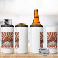 Highway 66 Main Street of America Sunset Horizon 4 in 1 Can Cooler Tumbler Centennial 1926-2026 Retro Desert Sunburst Graphic