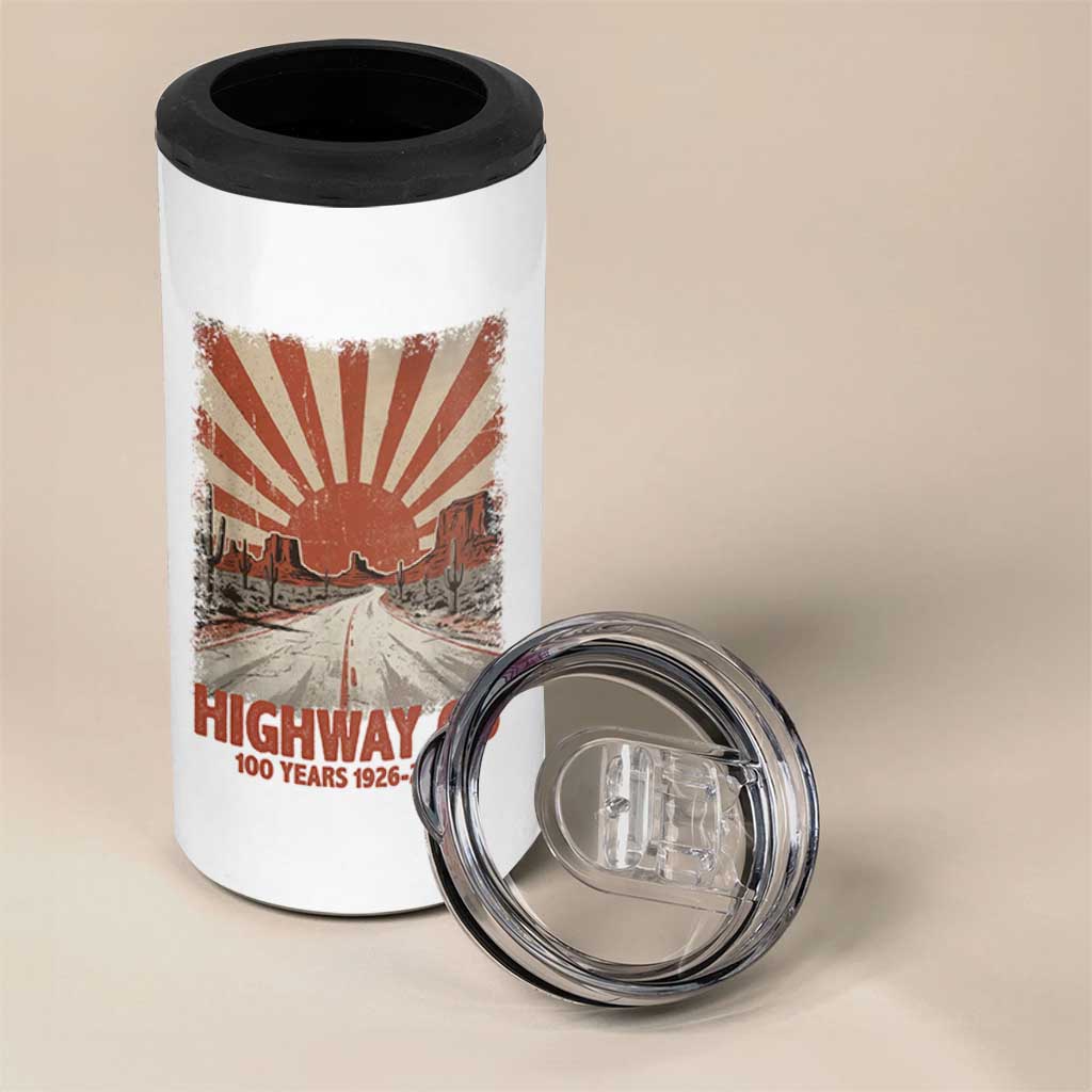 Highway 66 Main Street of America Sunset Horizon 4 in 1 Can Cooler Tumbler Centennial 1926-2026 Retro Desert Sunburst Graphic