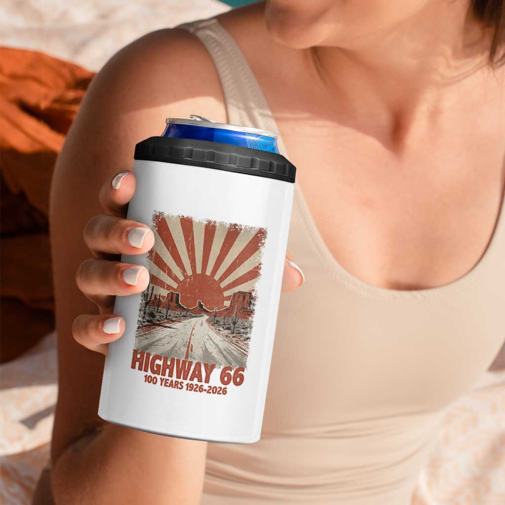 Highway 66 Main Street of America Sunset Horizon 4 in 1 Can Cooler Tumbler Centennial 1926-2026 Retro Desert Sunburst Graphic