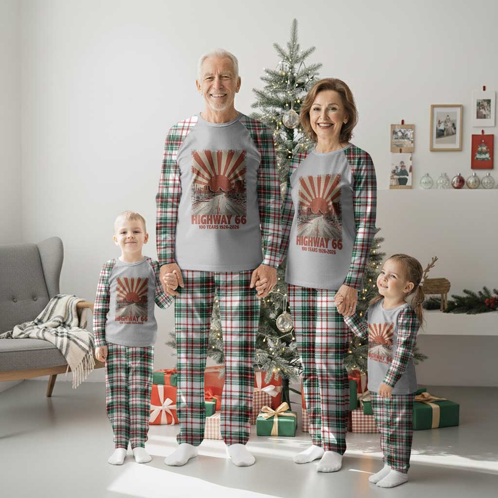 Highway 66 Main Street of America Sunset Horizon Plaid Pajama Set Centennial 1926-2026 Retro Desert Sunburst Graphic