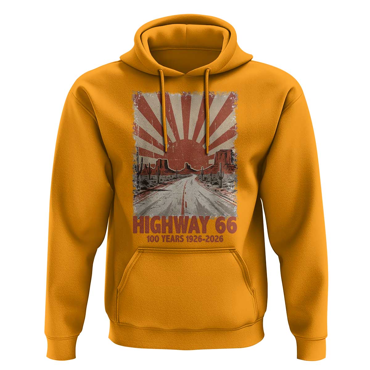 Highway 66 Main Street of America Sunset Horizon Hoodie Centennial 1926-2026 Retro Desert Sunburst Graphic