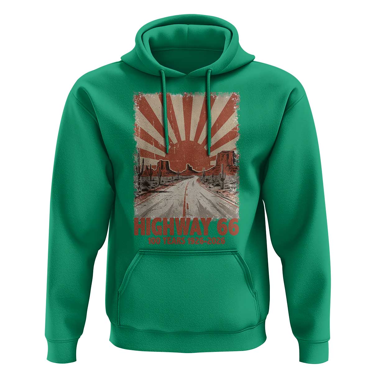 Highway 66 Main Street of America Sunset Horizon Hoodie Centennial 1926-2026 Retro Desert Sunburst Graphic