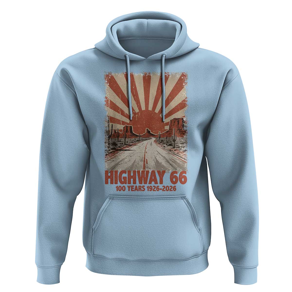Highway 66 Main Street of America Sunset Horizon Hoodie Centennial 1926-2026 Retro Desert Sunburst Graphic