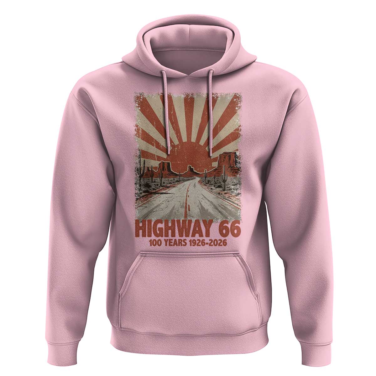 Highway 66 Main Street of America Sunset Horizon Hoodie Centennial 1926-2026 Retro Desert Sunburst Graphic