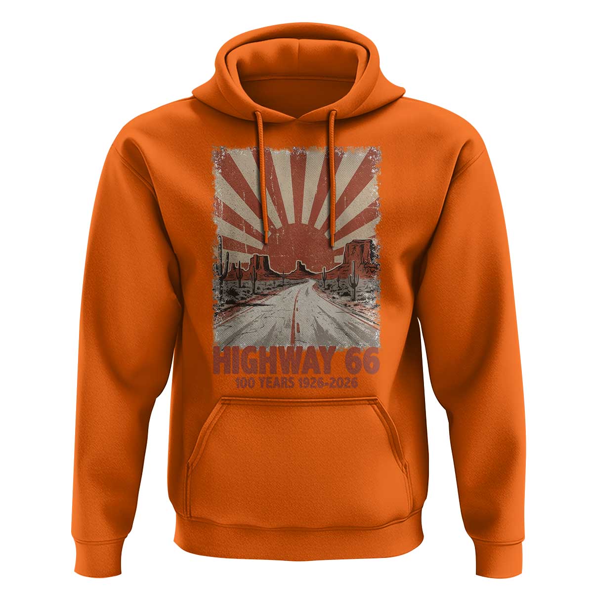 Highway 66 Main Street of America Sunset Horizon Hoodie Centennial 1926-2026 Retro Desert Sunburst Graphic