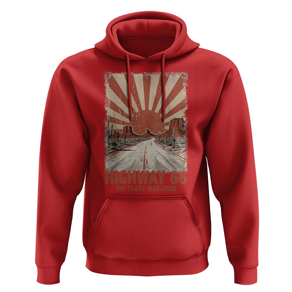 Highway 66 Main Street of America Sunset Horizon Hoodie Centennial 1926-2026 Retro Desert Sunburst Graphic