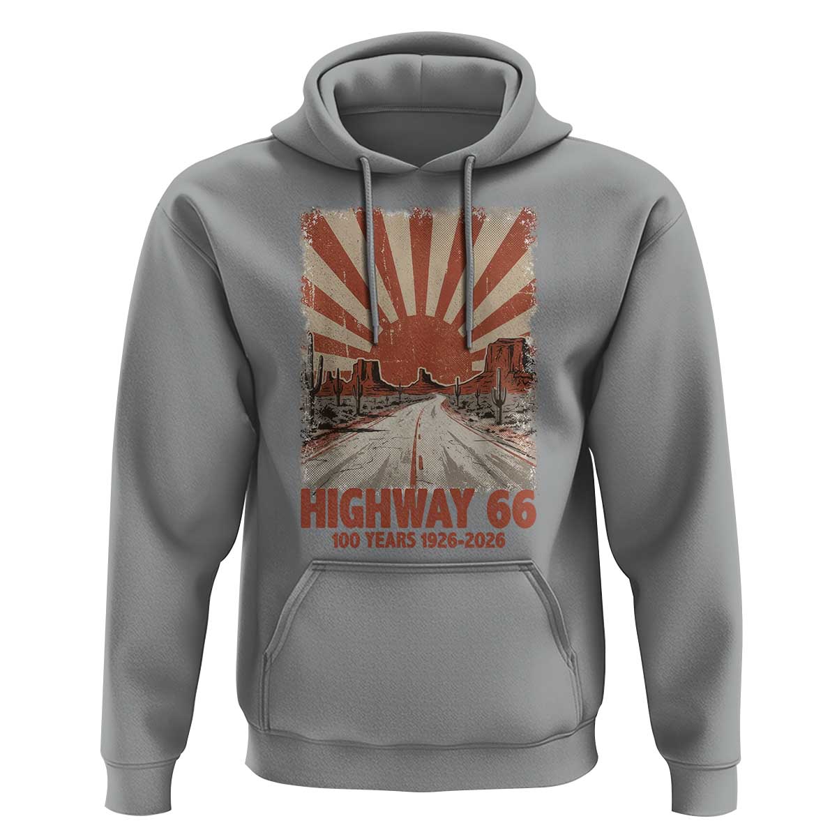 Highway 66 Main Street of America Sunset Horizon Hoodie Centennial 1926-2026 Retro Desert Sunburst Graphic