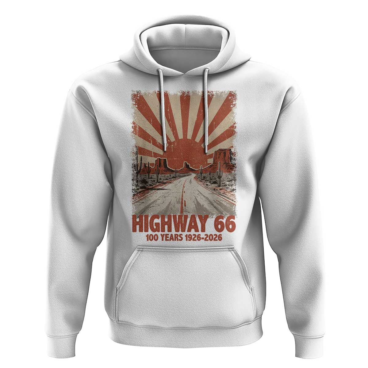 Highway 66 Main Street of America Sunset Horizon Hoodie Centennial 1926-2026 Retro Desert Sunburst Graphic