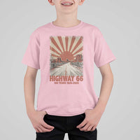 Highway 66 Main Street of America Sunset Horizon T Shirt For Kid Centennial 1926-2026 Retro Desert Sunburst Graphic