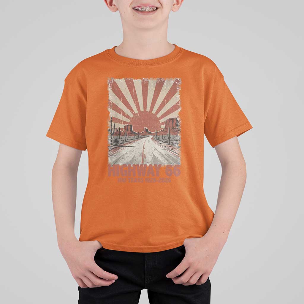Highway 66 Main Street of America Sunset Horizon T Shirt For Kid Centennial 1926-2026 Retro Desert Sunburst Graphic