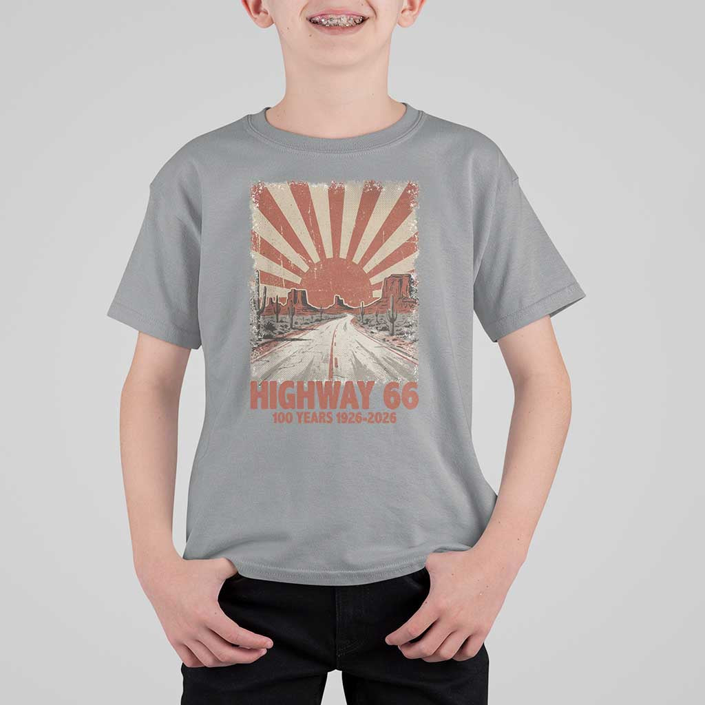 Highway 66 Main Street of America Sunset Horizon T Shirt For Kid Centennial 1926-2026 Retro Desert Sunburst Graphic