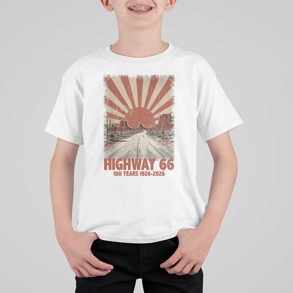 Highway 66 Main Street of America Sunset Horizon T Shirt For Kid Centennial 1926-2026 Retro Desert Sunburst Graphic