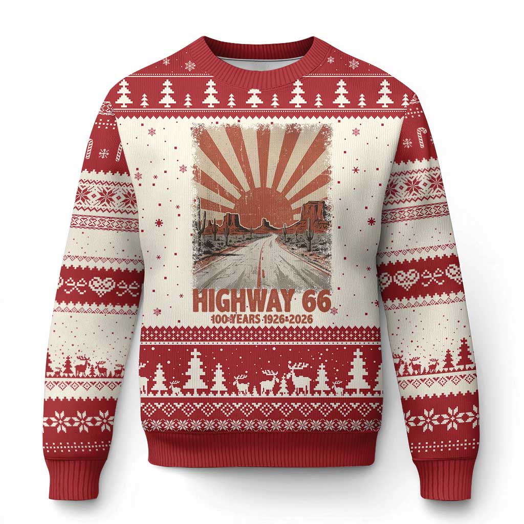 Highway 66 Main Street of America Sunset Horizon Ugly Christmas Sweater Centennial 1926-2026 Retro Desert Sunburst Graphic