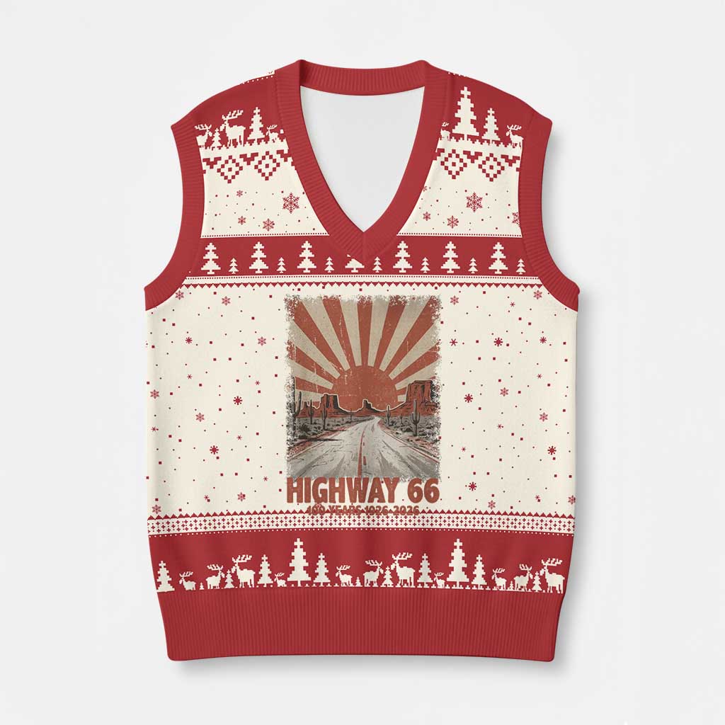 Highway 66 Main Street of America Sunset Horizon V-Neck Knit Sweater Vest Centennial 1926-2026 Retro Desert Sunburst Graphic