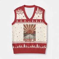 Highway 66 Main Street of America Sunset Horizon V-Neck Knit Sweater Vest Centennial 1926-2026 Retro Desert Sunburst Graphic