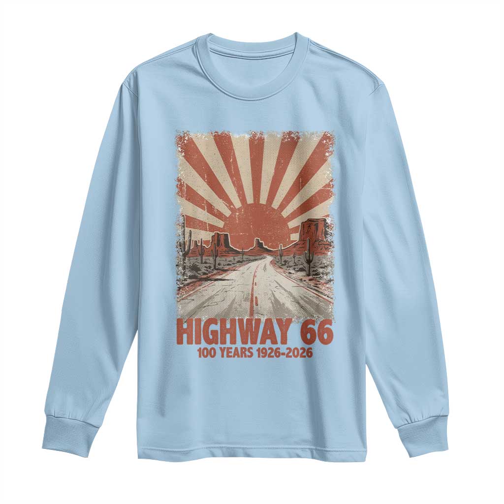 Highway 66 Main Street of America Sunset Horizon Long Sleeve Shirt Centennial 1926-2026 Retro Desert Sunburst Graphic