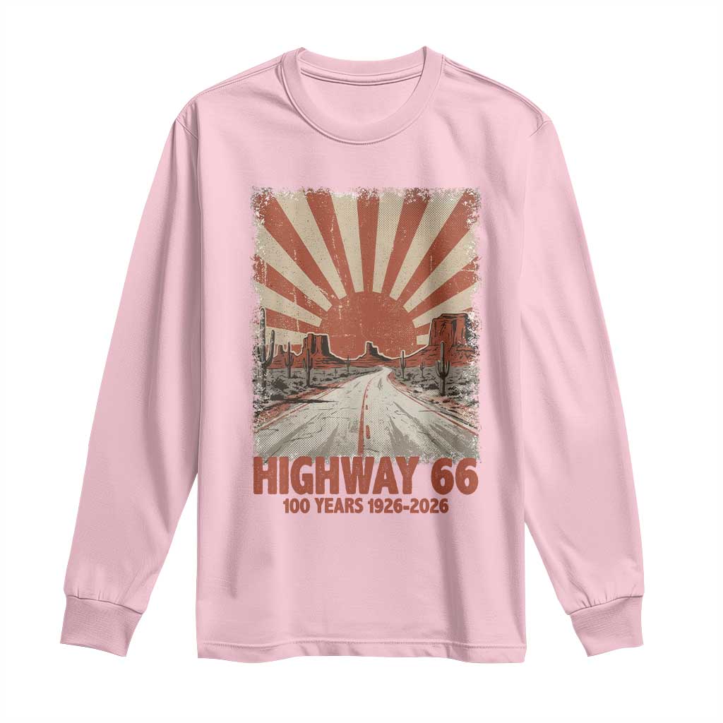 Highway 66 Main Street of America Sunset Horizon Long Sleeve Shirt Centennial 1926-2026 Retro Desert Sunburst Graphic