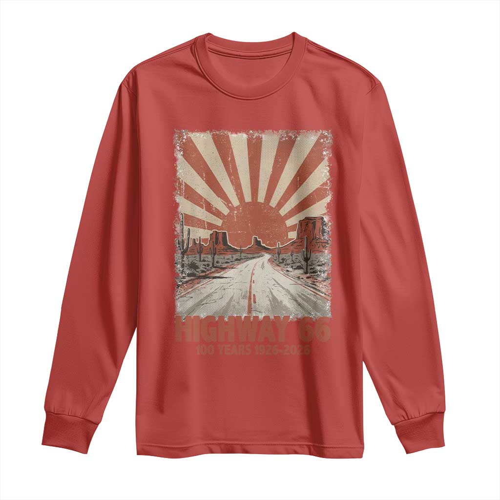 Highway 66 Main Street of America Sunset Horizon Long Sleeve Shirt Centennial 1926-2026 Retro Desert Sunburst Graphic
