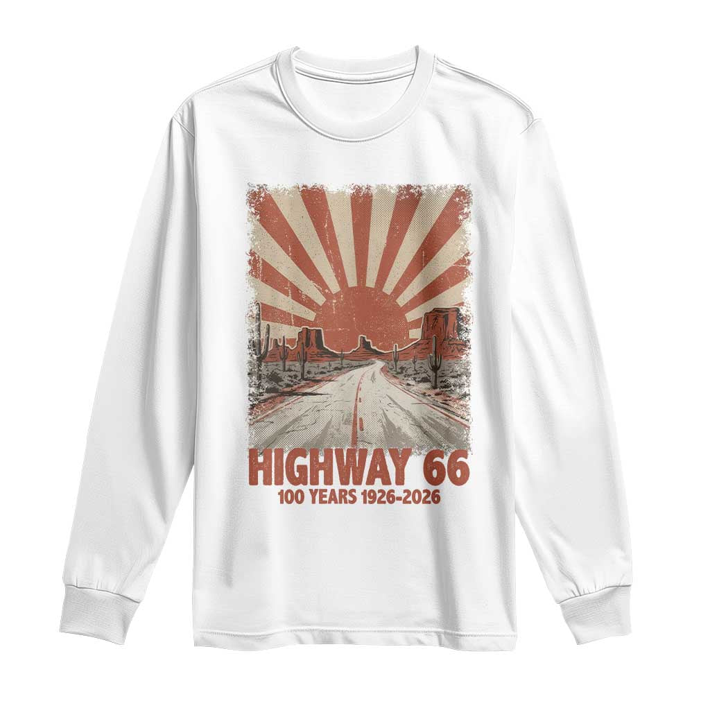Highway 66 Main Street of America Sunset Horizon Long Sleeve Shirt Centennial 1926-2026 Retro Desert Sunburst Graphic