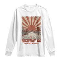 Highway 66 Main Street of America Sunset Horizon Long Sleeve Shirt Centennial 1926-2026 Retro Desert Sunburst Graphic