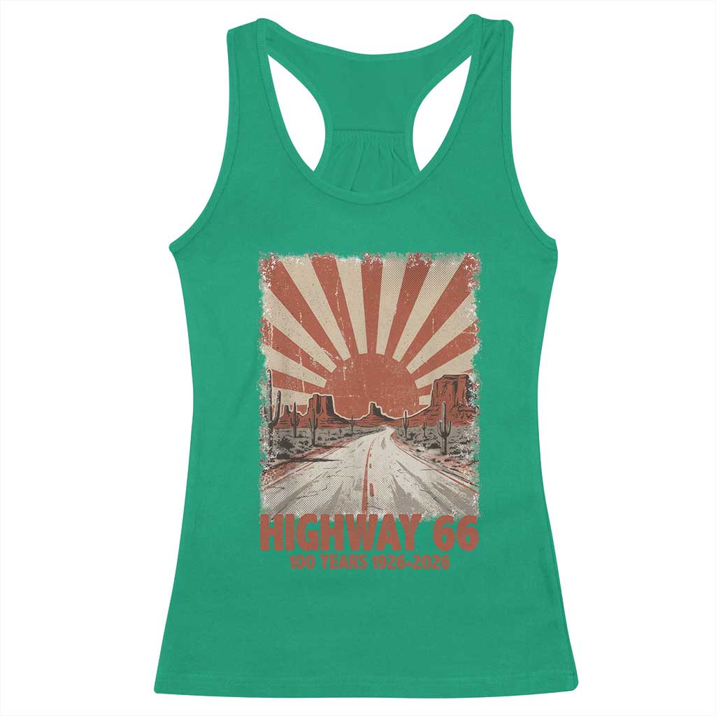 Highway 66 Main Street of America Sunset Horizon Racerback Tank Top Centennial 1926-2026 Retro Desert Sunburst Graphic