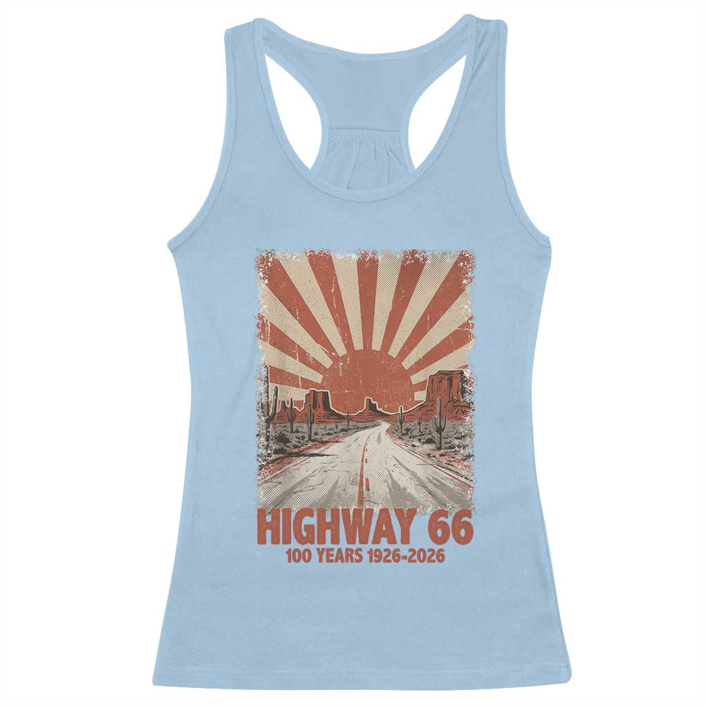 Highway 66 Main Street of America Sunset Horizon Racerback Tank Top Centennial 1926-2026 Retro Desert Sunburst Graphic