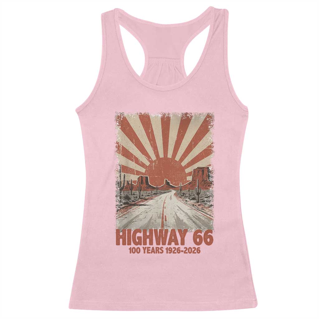 Highway 66 Main Street of America Sunset Horizon Racerback Tank Top Centennial 1926-2026 Retro Desert Sunburst Graphic
