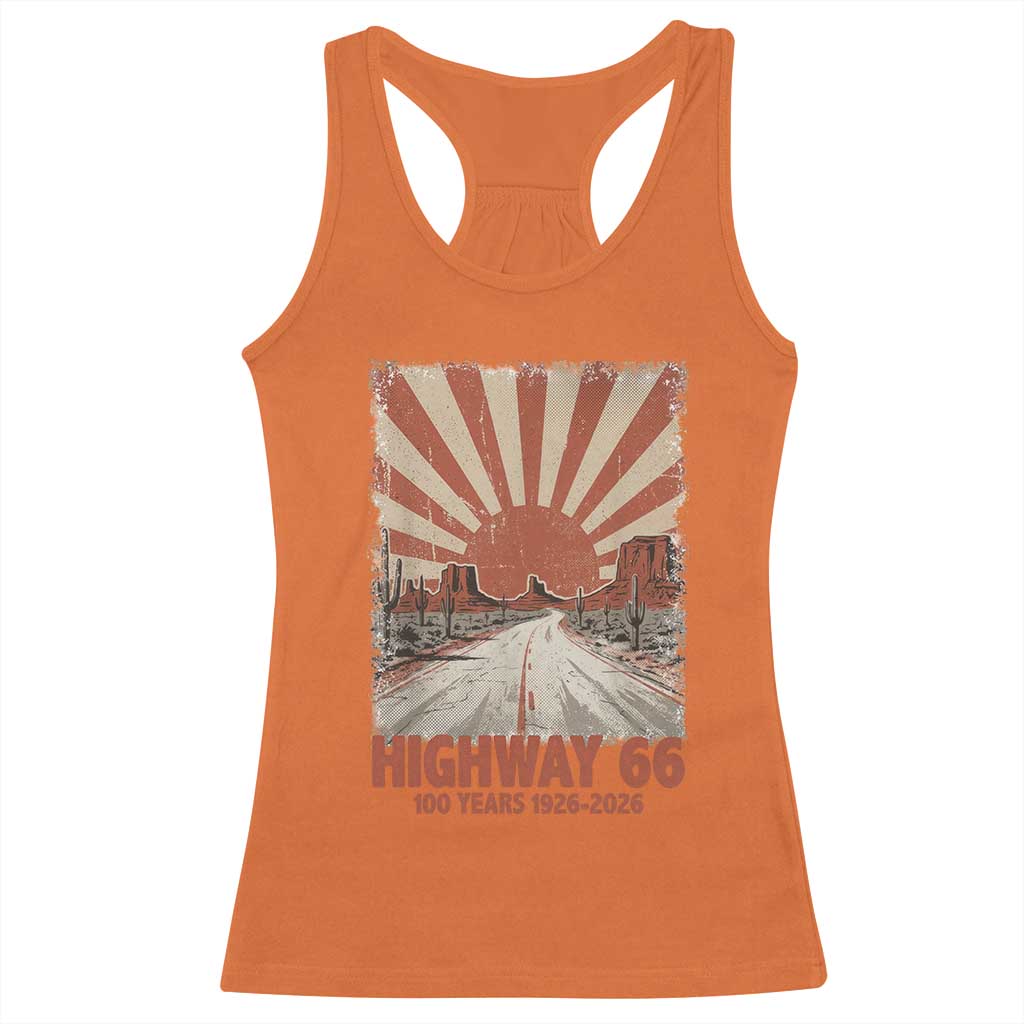 Highway 66 Main Street of America Sunset Horizon Racerback Tank Top Centennial 1926-2026 Retro Desert Sunburst Graphic