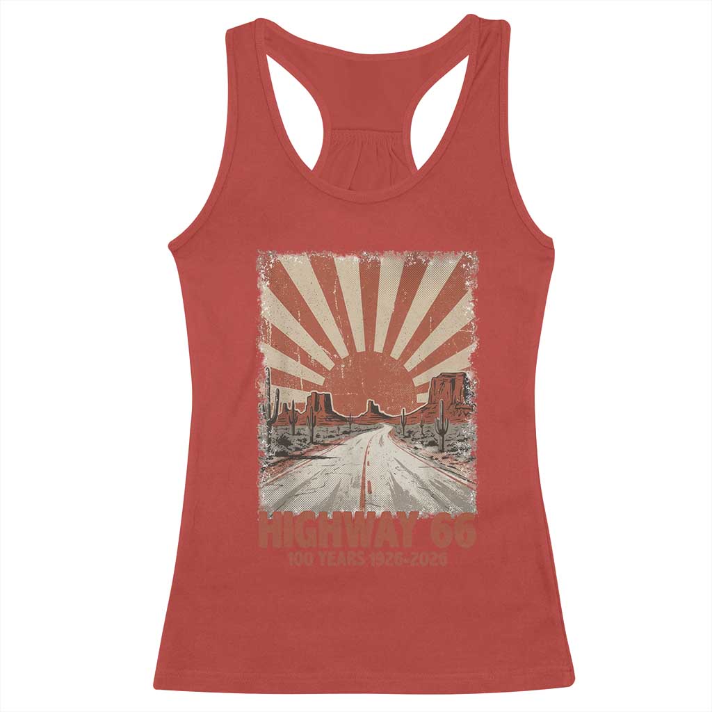 Highway 66 Main Street of America Sunset Horizon Racerback Tank Top Centennial 1926-2026 Retro Desert Sunburst Graphic