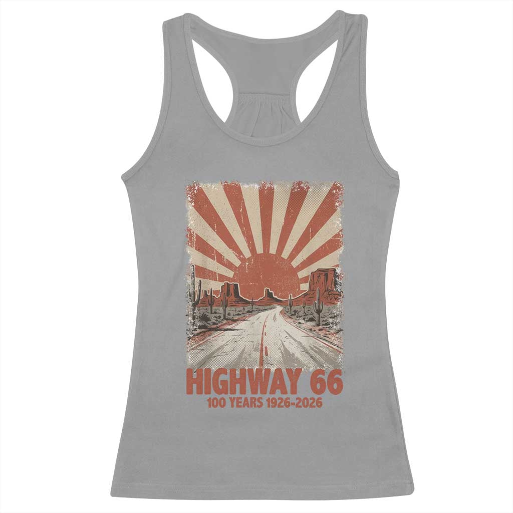 Highway 66 Main Street of America Sunset Horizon Racerback Tank Top Centennial 1926-2026 Retro Desert Sunburst Graphic