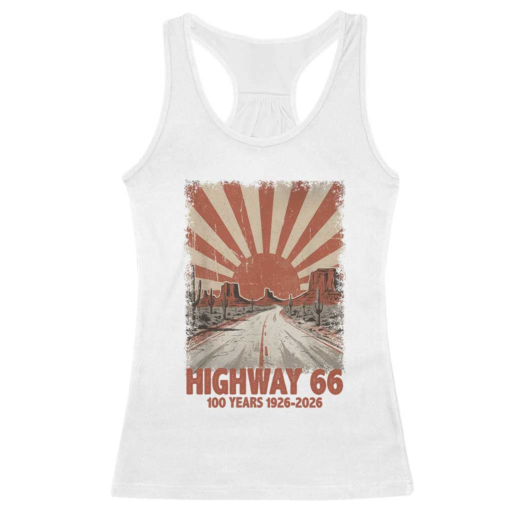 Highway 66 Main Street of America Sunset Horizon Racerback Tank Top Centennial 1926-2026 Retro Desert Sunburst Graphic