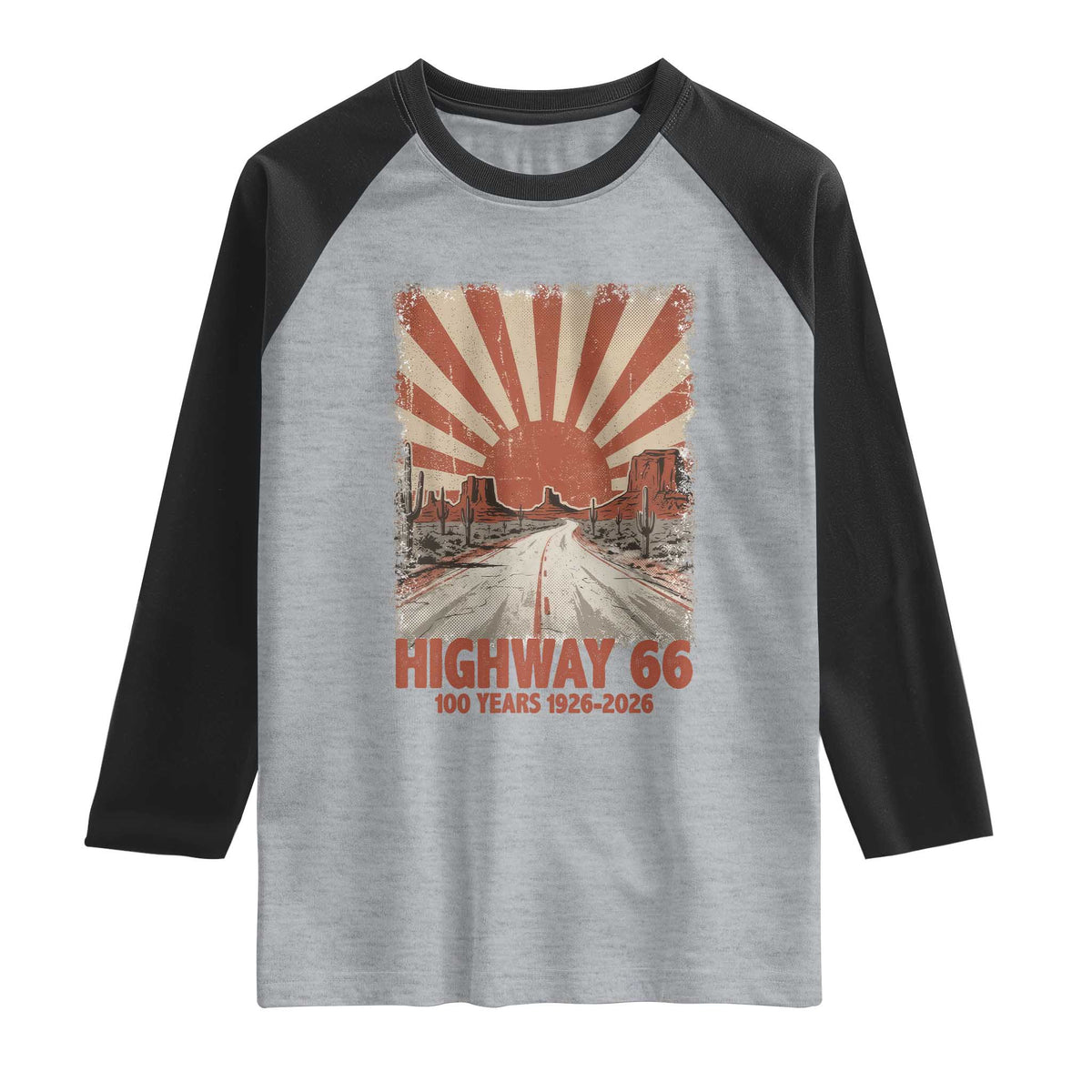 Highway 66 Main Street of America Sunset Horizon Raglan Shirt Centennial 1926-2026 Retro Desert Sunburst Graphic
