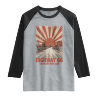Highway 66 Main Street of America Sunset Horizon Raglan Shirt Centennial 1926-2026 Retro Desert Sunburst Graphic