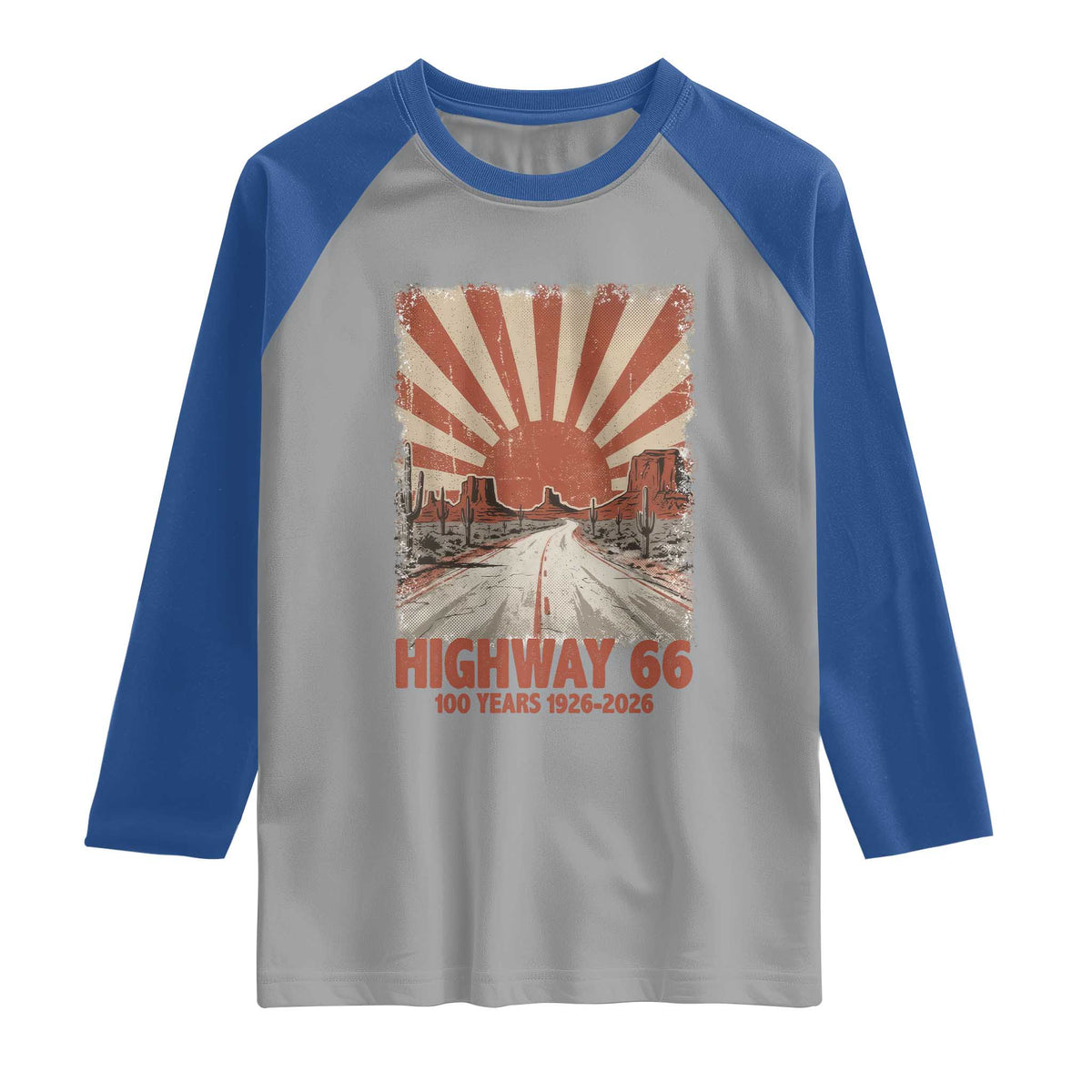 Highway 66 Main Street of America Sunset Horizon Raglan Shirt Centennial 1926-2026 Retro Desert Sunburst Graphic