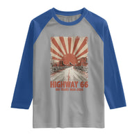 Highway 66 Main Street of America Sunset Horizon Raglan Shirt Centennial 1926-2026 Retro Desert Sunburst Graphic