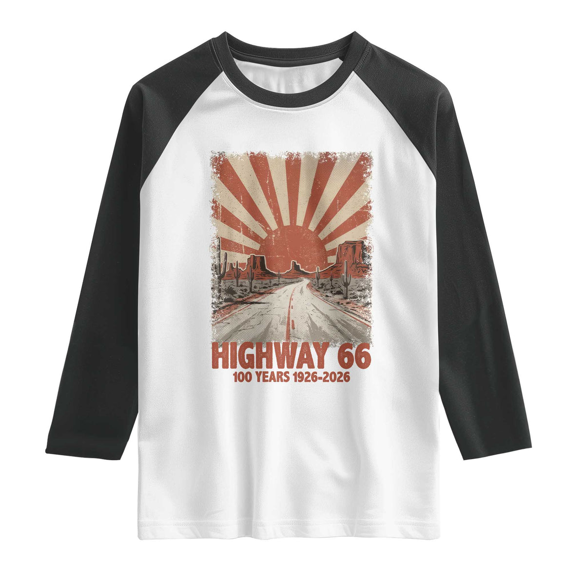 Highway 66 Main Street of America Sunset Horizon Raglan Shirt Centennial 1926-2026 Retro Desert Sunburst Graphic