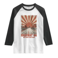 Highway 66 Main Street of America Sunset Horizon Raglan Shirt Centennial 1926-2026 Retro Desert Sunburst Graphic