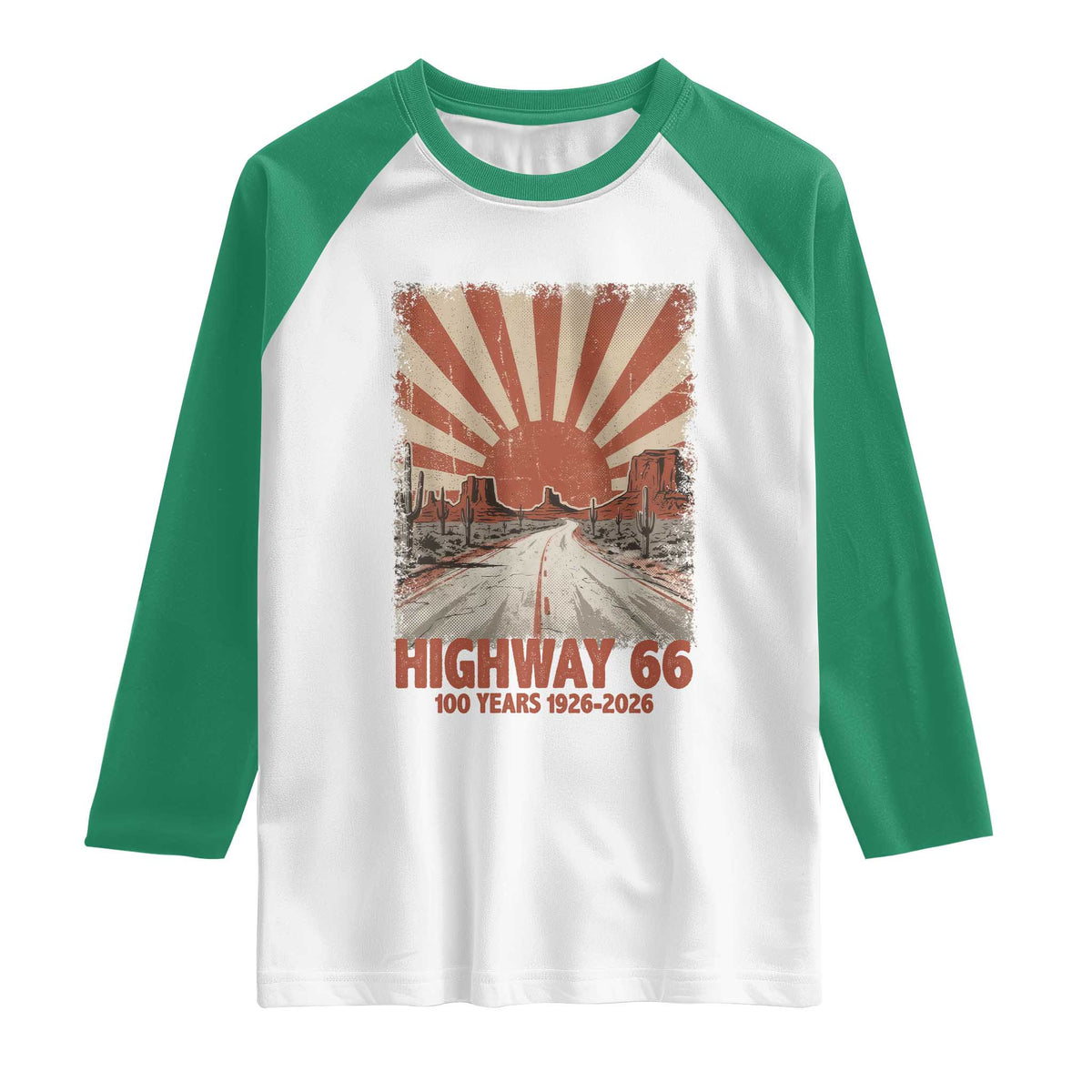 Highway 66 Main Street of America Sunset Horizon Raglan Shirt Centennial 1926-2026 Retro Desert Sunburst Graphic