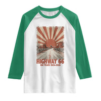 Highway 66 Main Street of America Sunset Horizon Raglan Shirt Centennial 1926-2026 Retro Desert Sunburst Graphic
