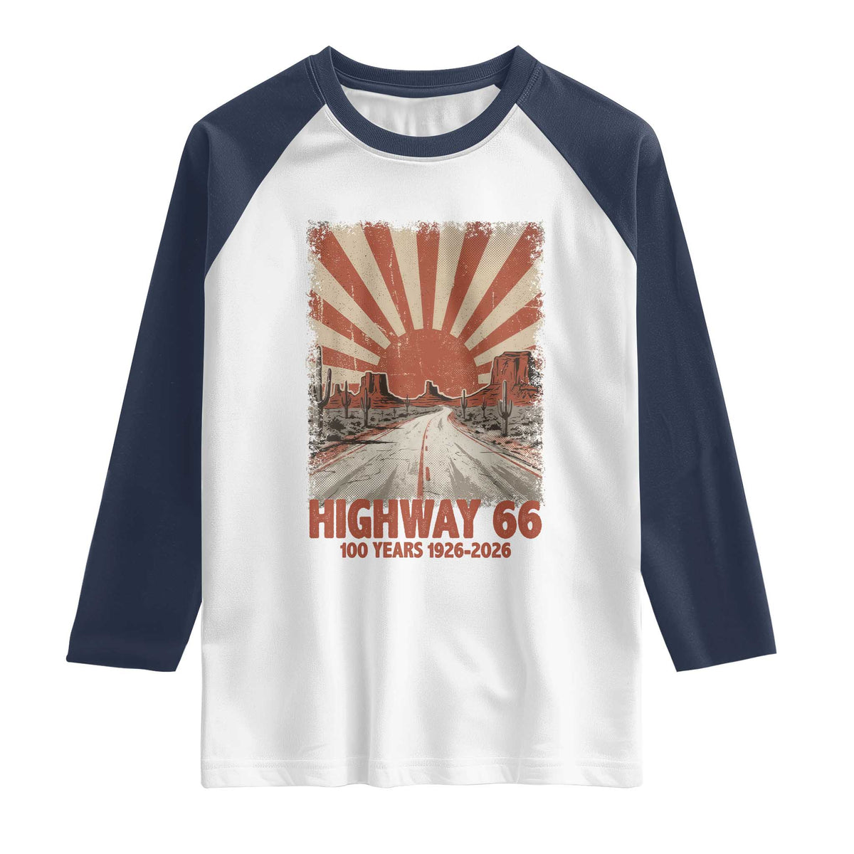 Highway 66 Main Street of America Sunset Horizon Raglan Shirt Centennial 1926-2026 Retro Desert Sunburst Graphic