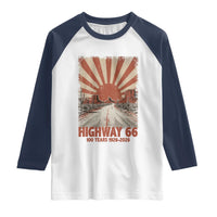 Highway 66 Main Street of America Sunset Horizon Raglan Shirt Centennial 1926-2026 Retro Desert Sunburst Graphic