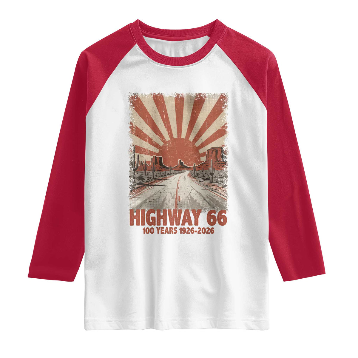 Highway 66 Main Street of America Sunset Horizon Raglan Shirt Centennial 1926-2026 Retro Desert Sunburst Graphic